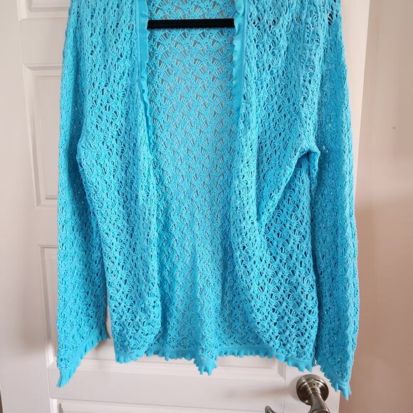 Sigrid Olsen Cardigan Sweater Womens Large Open Weave Aqua Blue Crochet - Picture 3 of 9